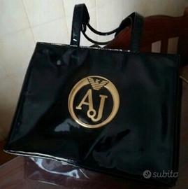 Borsa Armani Jeans Tote Bag Vernice Nera Logo Oro