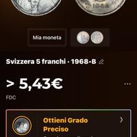 Moneta svizzera 5 fr del 1968