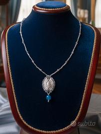 Collana Ciondolo Vintage Inizi 900 gemme agata blu