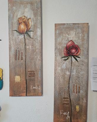 Coppia quadri materici floreali su tela 100x40 cm