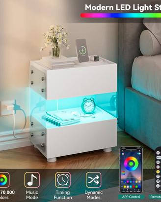 Comodino 2 cassetti  led 7 colori cameretta bianco