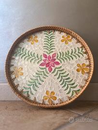 Vassoio Artigianale in Rattan e Mosaico Madreperla