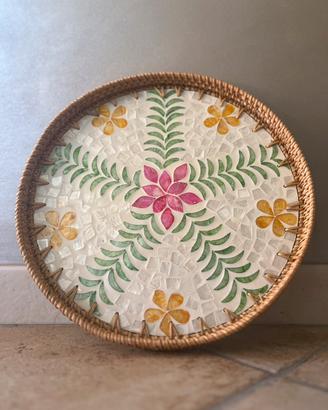 Vassoio Artigianale in Rattan e Mosaico Madreperla