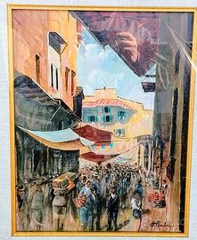 Quadro con mercatino dipinto a mano su tela a olio