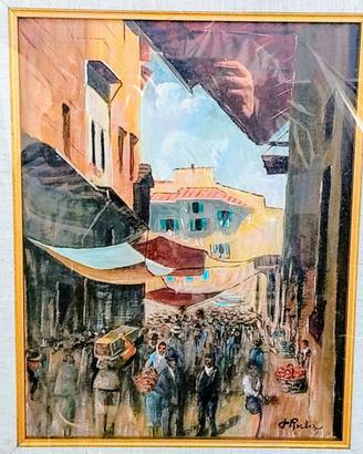 Quadro con mercatino dipinto a mano su tela a olio