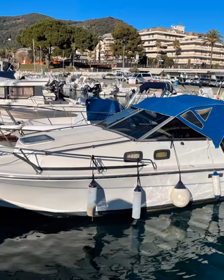 Barca cabinata, fuoribordo, carrellabile