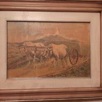 Quadro olio 'Carro tirato da buoi' mis.62x50