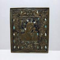 Antica Icona da Viaggio in Bronzo con Smalti XIX