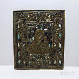 Antica Icona da Viaggio in Bronzo con Smalti XIX