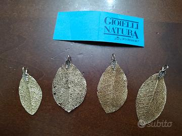 lotto 4 pendenti foglia in bagno d'oro 24k