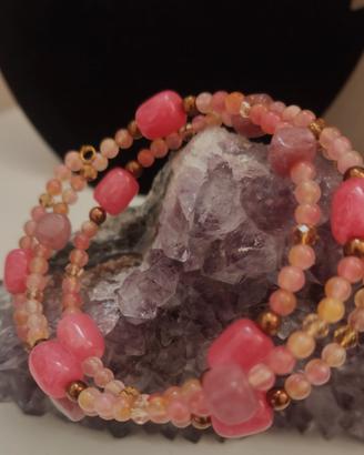 bracciale a molla con pietre rosa rodonite,quarzo