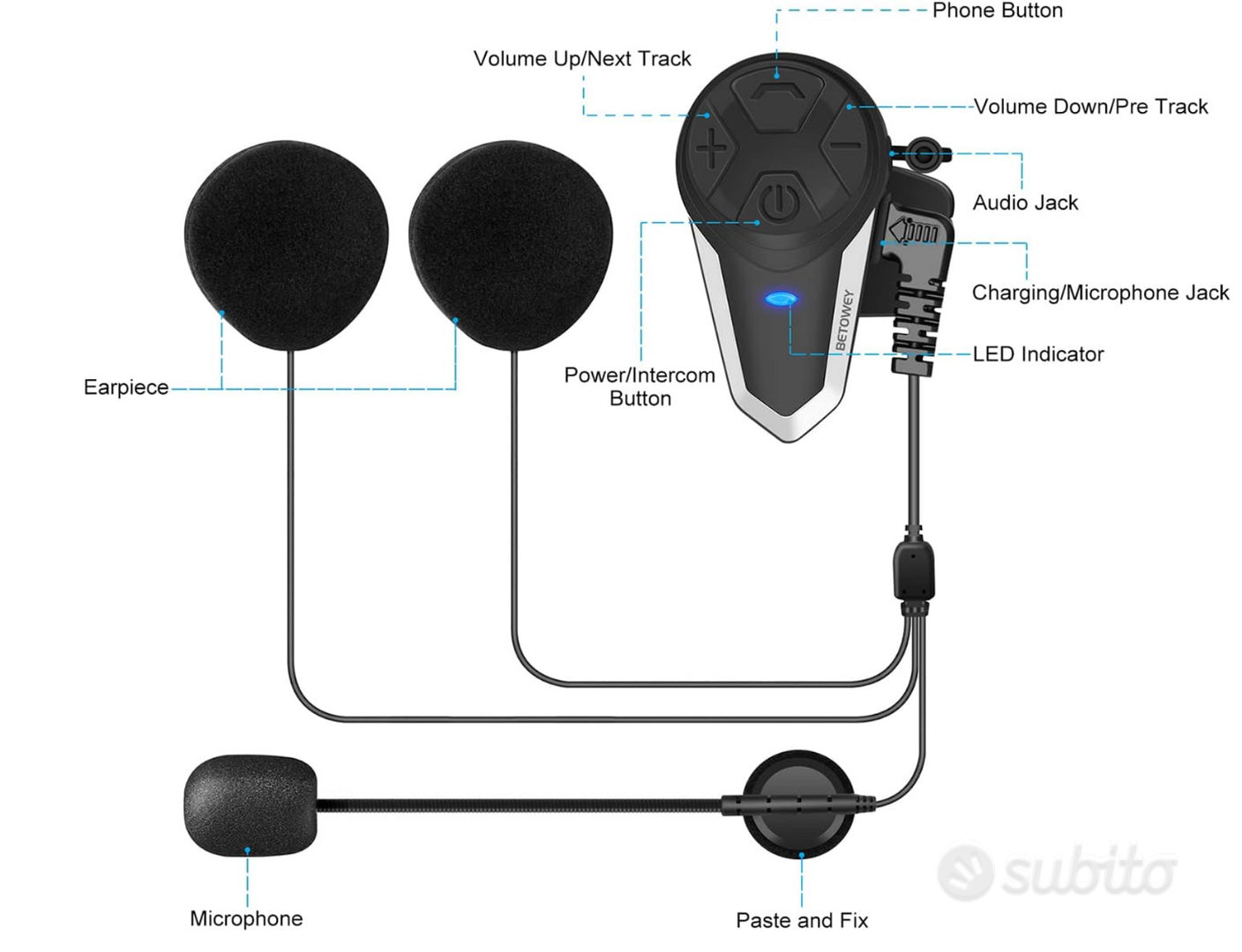 BETOWEY BT-S3 Interfono Moto Casco Bluetooth Auricolari (Singolo