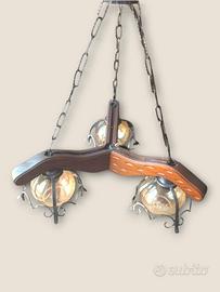 Lampadario Vintage in Legno, Ferro Battuto e Vetro