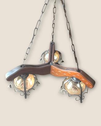 Lampadario Vintage in Legno, Ferro Battuto e Vetro