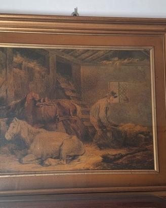 Stampa vintage scena rurale con cavalli 69x58 cm