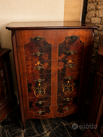 Cassettiera vintage in legno con radica e intarsi