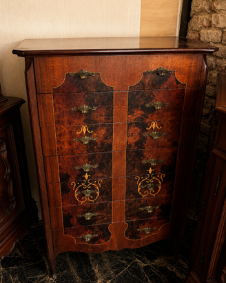 Cassettiera vintage in legno con radica e intarsi