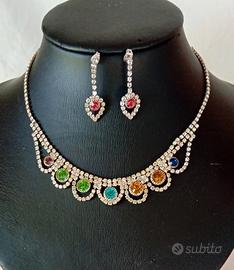 Parure collana orecchini con zirconi multicolor 