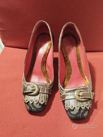 décolleté in pizzo nero e cuoio nr 36 