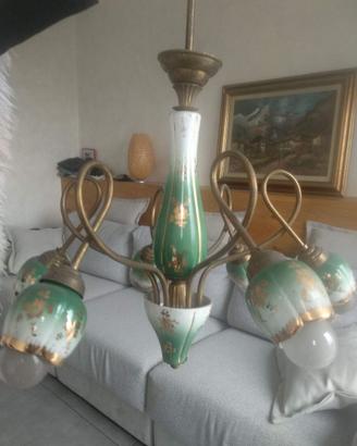 lampadario vintage anni 50 in ceramica e ottone