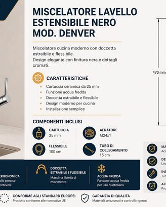 Rubinetto cucina nero estraibile moderno – miscela