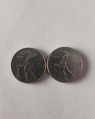 Coppia 50 Lire 1991 – variante lobo a punta 