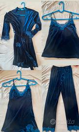 Completo set notte velluto blu e pizzo
