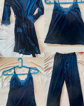 Completo set notte velluto blu e pizzo