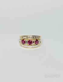 Anello oro 18kt rubini e diamanti carrè e baguette