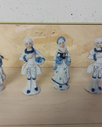 Set 4 Statuette Porcellana Rococò Blu/Oro Vintage