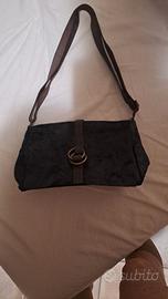 borsa in pelle blu scuro e marrone