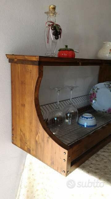 Piattaia in legno e scolapiatti acciaio inox credenza da parete piatti  bicchieri