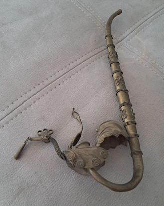 Antica Pipa da Oppio Tailandese in Ottone e Filig