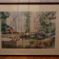 Stampa incorniciata – Giardino con arco e panchina