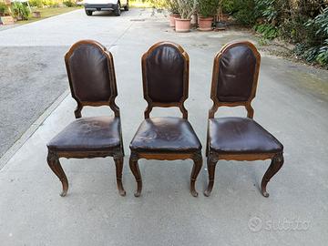 3 sedie antiche noce imbottite pelle Luigi Filippo