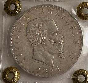 Moneta argento, Lire 5, 1874, Vittorio Emanuele II