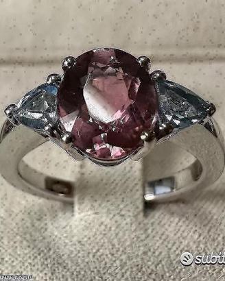 ANELLO ORO 18kt. TOPAZI AZZURRI E TORMALINA ROSA