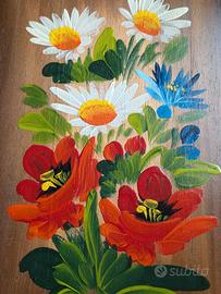 Quadretto in legno vintage fiori dipinti a mano