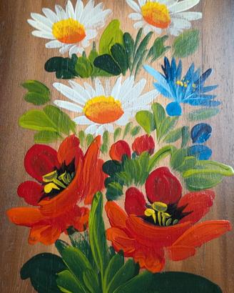 Quadretto in legno vintage fiori dipinti a mano