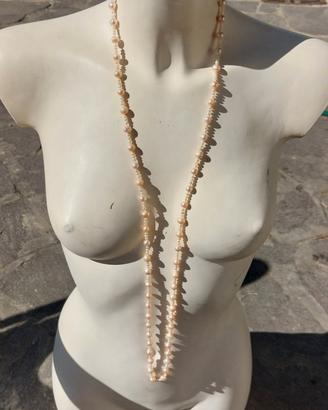 Lunga collana perle fiume beige e rosa