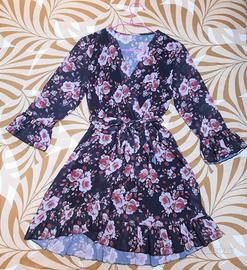 Vestito manica lunga nero fantasia rose