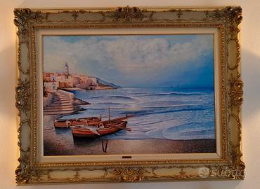 Dipinto ad olio, spiaggia con paesaggio