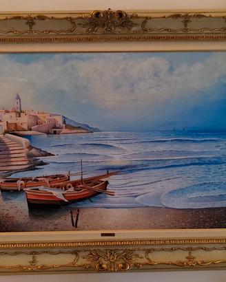 Dipinto ad olio, spiaggia con paesaggio