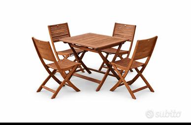 Tavolo da esterno in legno con 4 sedie pieghevoli 