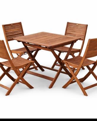 Tavolo da esterno in legno con 4 sedie pieghevoli 