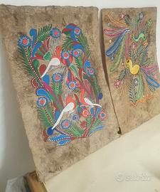 2 dipinti su carta di corteccia Arte Popolare Mess