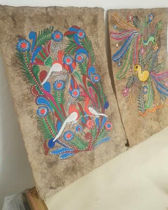 2 dipinti su carta di corteccia Arte Popolare Mess