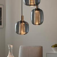 Lampada a sospensione con 3 luci, vetro e acciaio 