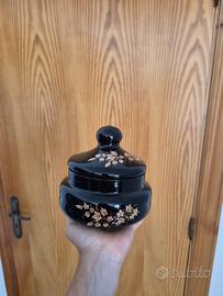 Barattolo vintage ceramica nera + decoro floreale
