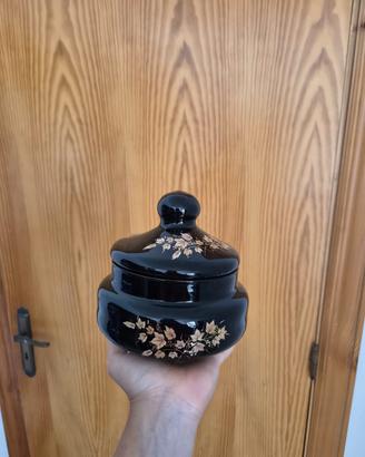 Barattolo vintage ceramica nera + decoro floreale